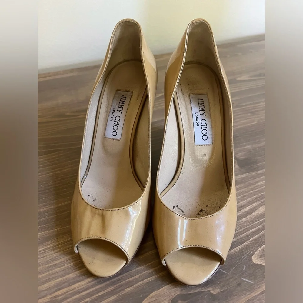 Jimmy Choo Womens 36.5 Nude Tan Patent Leather‎ Peep Toe Wedge Shoes